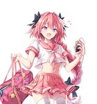  :d astolfo_(fate) badge bag bag_charm bangs blush braid button_badge cellphone charm_(object) commentary_request cowboy_shot crop_top crop_top_overhang earphones earphones_removed fang fate/apocrypha fate/grand_order fate_(series) flying_sweatdrops hair_intakes hair_ribbon headphones holding holding_bag holding_phone long_hair looking_at_viewer male_focus midriff miniskirt navel open_mouth otoko_no_ko phone pink_hair pink_skirt pleated_skirt purple_eyes red_sailor_collar red_skirt ribbon sailor_collar school_bag school_uniform serafuku shirt short_sleeves simple_background single_braid skirt smartphone smile solo star thighhighs uchuu_gorira very_long_hair white_background white_legwear white_shirt zettai_ryouiki 