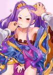  anger_vein annoyed arm_grab arm_up armpits bare_shoulders bow cheek_pinching chinese_clothes collarbone dress fate/grand_order fate_(series) flat_chest hanfu highres long_hair long_sleeves off_shoulder open_clothes out_of_frame p_shiki pelvic_curtain pinching pov pov_hands purple_eyes purple_hair sash shawl sitting solo_focus strapless strapless_dress twintails very_long_hair wide_sleeves wu_zetian_(fate/grand_order) 