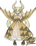  3_fingers 4_toes animal_humanoid blonde_hair blue_eyes capcom claws clothing diablos_(mh) dragon dragon_humanoid dress female hair hands_on_hip horn humanoid long_hair membranous_wings monster_hunter not_furry signtaure skirt talons toes video_games winged_arms wings yoshida_hideyuki 