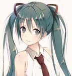  bare_shoulders blue_eyes blue_hair blush eyebrows_visible_through_hair hatsune_miku long_hair looking_at_viewer necktie parted_lips red_neckwear rikoma sleeveless smile solo twintails upper_body vocaloid 