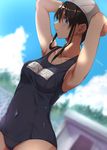  armpits arms_up black_hair blue_eyes blue_sky blush breasts building clothes_writing cloud collarbone covered_navel day fence idolmaster idolmaster_cinderella_girls long_hair looking_at_viewer looking_to_the_side medium_breasts name_tag nohito old_school_swimsuit one-piece_swimsuit sagisawa_fumika school_swimsuit sky swim_cap swimsuit tree 