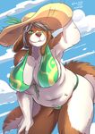  2016 5_fingers anthro belly big_breasts bikini blue_sky breasts brown_fur brown_nose canine cleavage clothed clothing cloud collarbone dog eyebrows eyebrows_visible_through_hair eyelashes female floppy_ears front_view fur green_eyes grey_hair hair hand_on_leg hat holding_hat leaning leaning_forward mammal multicolored_fur navel nipple_bulge ocaritna outside portrait signature sky slightly_chubby smile solo standing straw_hat swimsuit three-quarter_portrait two_tone_fur white_fur 