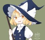  abukawa_honpo blonde_hair broom crescent crescent_moon_pin d: hat highres kirisame_marisa legacy_of_lunatic_kingdom looking_at_viewer open_mouth puffy_short_sleeves puffy_sleeves short_hair short_sleeves signature solo touhou witch_hat yellow_eyes 