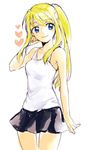  1girl black_skirt blonde_hair blue_eyes eyebrows_visible_through_hair fullmetal_alchemist hand_on_own_cheek heart long_hair looking_away ponytail shirt simple_background skirt smile solo tsukuda0310 white_background white_shirt winry_rockbell 