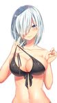  bikini black_bikini blue_eyes blush breasts collarbone covered_nipples eyebrows_visible_through_hair front-tie_bikini front-tie_top hair_ornament hair_over_one_eye hairclip halterneck hamakaze_(kantai_collection) highres kantai_collection large_breasts looking_at_viewer navel ntk_(7t5) short_hair silver_hair simple_background skindentation smile solo strap_pull swimsuit upper_body white_background 