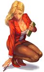  blonde_hair book breasts cleavage dark_skin earrings formal full_body holding holding_book jewelry large_breasts long_hair looking_down mole mole_under_eye nail_polish office_lady original pantyhose parted_lips pen pencil_skirt picking_up red_footwear red_nails red_suit shoes skirt solo suit tan whistlerx 