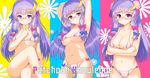  :o bangs bespectacled bikini blue_bow blush bow breasts bun_cover character_name cleavage crescent crescent_hair_ornament crossed_legs double_bun glasses hair_bow hair_ornament halter_top halterneck highres index_finger_raised large_breasts long_hair looking_at_viewer multiple_views navel patchouli_knowledge pink_bow purple-framed_eyewear purple_bikini purple_eyes purple_hair stomach string_bikini swimsuit touhou underboob yodori 
