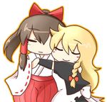  1girl =_= alternate_costume apron arm_warmers blonde_hair blush bow braid brown_hair commentary_request detached_sleeves genderswap genderswap_(ftm) hair_bow hakama hakurei_reimu hetero hug jacket japanese_clothes kirisame_marisa long_hair miko ponytail single_braid smile sol_sorty touhou 