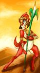 anthro armor bottomless clothed clothing desert drauk ear_piercing ever_oasis female freelime helmet jewelry lizard looking_up melee_weapon miura nintendo partially_clothed piercing polearm pussy reptile sand scalie smile solo spear video_games weapon 