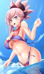 1girl ahsiu bikini blue_eyes breasts curvy fate_(series) female hair_ornament large_breasts long_hair miyamoto_musashi_(fate/grand_order) navel open_mouth outdoors sideboob solo standing summer swimsuit underboob water wet 