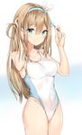  bangs blonde_hair blue_eyes blush breasts cameltoe collarbone competition_swimsuit covered_navel eyebrows_visible_through_hair food girls_frontline hair_between_eyes hair_ornament hairband highleg highleg_swimsuit highres long_hair looking_at_viewer medium_breasts one-piece_swimsuit popsicle silver_(chenwen) simple_background smile solo standing suomi_kp31_(girls_frontline) swimsuit white_swimsuit 