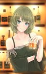  alcohol bangs bar bare_shoulders blue_eyes blush bottle breasts cleavage cup detached_sleeves dress drinking_glass fringe_trim green_dress green_eyes green_hair hand_up heterochromia holding holding_cup ice idolmaster idolmaster_cinderella_girls indoors large_breasts looking_at_viewer mole mole_under_eye sarada_doraivu shelf short_hair smile solo table takagaki_kaede upper_body wide_sleeves 