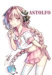  artist_name astolfo_(fate) bangs blush bow braid character_name clenched_teeth contrapposto cowboy_shot crop_top dated english fate/apocrypha fate/grand_order fate_(series) finger_to_mouth gradient_hair grin groin hair_bow highres leaning_forward lifted_by_self long_hair looking_at_viewer male_focus midriff multicolored_hair navel neckerchief otoko_no_ko pink_eyes pink_hair pink_neckwear pink_sailor_collar pink_skirt pleated_skirt polka_dot sailor_collar school_uniform serafuku shirt short_sleeves signature silhouette single_braid skirt skirt_lift smile solo standing teeth thighhighs two-tone_hair very_long_hair white_hair white_legwear yuihira_asu 