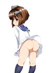  1girl ansui_(happycore) ass black_legwear brown_eyes brown_hair dress female from_behind kantai_collection kneepits long_sleeves looking_back no_panties parted_lips profile pussy sailor_dress short_hair simple_background solo standing sweat uncensored white_background white_dress wind_lift yukikaze_(kantai_collection) 