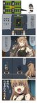  4koma assault_rifle brown_hair bullpup collarbone comic cracked_wall girls_frontline green_eyes gun highres hole jacket long_hair rfb_(girls_frontline) rifle robot shirt t-shirt translated weapon xiujia_yihuizi 