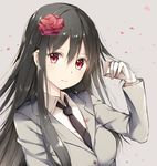  black_hair black_neckwear blazer blush eyebrows_visible_through_hair flower hair_flower hair_ornament highres jacket long_hair looking_at_viewer necktie original petals red_eyes red_flower red_rose rikoma rose solo uniform upper_body 