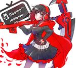  bandolier black_dress black_hair cape commentary_request crescent_rose dress frilled_skirt frills headphones iesupa logo multicolored_hair red_hair ruby_rose rwby scythe silver_eyes skirt smile solo television 