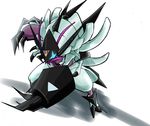  armor claws fighting_stance full_body gen_7_pokemon golisopod highres legs_apart necrozma nikkado no_humans pokemon pokemon_(creature) pokemon_(game) pokemon_sm shadow simple_background spikes standing white_background 