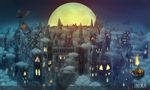  artist_name bat castle fog gears halloween highres inika jack-o'-lantern moon no_humans original pumpkin scenery torch 