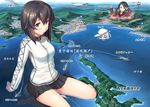  ahoge aircraft arm_support black_hair blue_eyes blush breasts city commentary commentary_request giantess grey_eyes grey_skirt grin hair_between_eyes hair_flaps hammer_and_sickle hat hayasui_(kantai_collection) hibiki_(kantai_collection) highres ichikawa_feesu island jacket kantai_collection kneehighs lighthouse long_hair long_sleeves map medium_breasts mikuma_(kantai_collection) multiple_girls ocean panties partially_submerged pleated_skirt red_shirt school_uniform shiny shiny_hair shirt short_hair silver_hair sitting skirt smile track_jacket translated twintails underwear v verniy_(kantai_collection) volcano wariza watercraft white_jacket white_panties wind_turbine windmill 