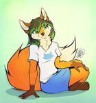  2014 anthro black_nose blakc_hair canine female fox fur green_eyes green_hair hair mammal neotheta orange_fur simple_background smile solo 