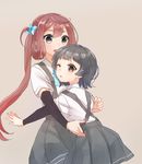  arare_(kantai_collection) artist_name asagumo_(kantai_collection) ascot black_hair blue_ribbon blush brown_eyes brown_hair commentary_request detached_sleeves grey_skirt hair_between_eyes hair_ribbon highres hug kantai_collection long_hair multiple_girls nuno_(pppompon) one_eye_closed pleated_skirt ribbon school_uniform shirt short_hair silver_eyes simple_background skirt suspenders twintails very_long_hair white_shirt yuri 