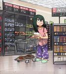  asui_tsuyu baggy_pants black_eyes boku_no_hero_academia crappysketches full_body green_hair groceries long_hair pants paper shirt shopping_cart solo supermarket t-shirt 