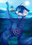  anthro blue_eyes blue_hair clothed clothing female fin hair lycangel nintendo partially_submerged pok&eacute;mon smile solo video_games 
