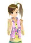 brown_eyes brown_hair clenched_hands futami_mami idolmaster idolmaster_(classic) idolmaster_2 side_ponytail simple_background ska smile solo 