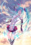  aqua_eyes aqua_hair bridal_gauntlets digital_dissolve hatsune_miku hatsune_miku_(append) kunimoto_ori last_night_good_night_(vocaloid) long_hair navel necktie solo thighhighs twintails very_long_hair vocaloid vocaloid_append 