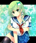  alternate_costume bad_id bad_pixiv_id banned_artist black_legwear breast_lift breasts cleavage fingernails frog green_eyes green_hair hair_ornament kochiya_sanae large_breasts long_fingernails long_hair nail_polish school_uniform serafuku smile snake solo thighhighs touhou tsukiriran zettai_ryouiki 