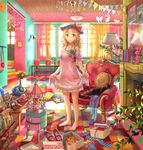  bare_shoulders barefoot bead_curtain blonde_hair braid cat chair corded_phone dress flower fuji_choko highres indoors lamp legs long_hair original phone room see-through skirt skirt_lift smile solo yellow_eyes 