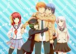  3boys angel_beats! bad_id bad_pixiv_id banned_artist blue_eyes blue_hair green_eyes green_hair hat hinata_(angel_beats!) hug long_hair multiple_boys multiple_girls naoi_ayato necktie orange_hair otonashi_(angel_beats!) short_hair sleeve_tug smile tenshi_(angel_beats!) thighhighs u_(mypace) yellow_eyes yuri_(angel_beats!) 