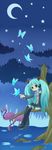  aqua_hair bird boots bug butterfly crescent_moon detached_sleeves fish flamingo hatsune_miku headset highres in_tree insect long_hair moon necktie sitting sitting_in_tree solo star tamachro thigh_boots thighhighs tree twintails very_long_hair vocaloid water 