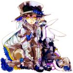  black_hair blue_flower blue_rose boots flower formal gilbert_nightray hakuk hat hat_flower looking_at_viewer male_focus pandora_hearts ribbon rose sitting solo stuffed_animal stuffed_bunny stuffed_toy younger 