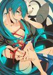  aqua_eyes aqua_hair bad_id bad_pixiv_id barefoot foreshortening fox_mask hair_over_one_eye hands hatsune_miku japanese_clothes kimono long_hair mask musunde_hiraite_rasetsu_to_mukuro_(vocaloid) oba-min smile solo twintails very_long_hair vocaloid yukata 