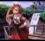  animal_ears bad_id bad_pixiv_id day detached_sleeves face failure falling forest hands hat highres inubashiri_momiji kawashiro_nitori kurione_(zassou) mountain multiple_girls nature red_eyes salute shading_eyes short_hair sword tokin_hat touhou water waterfall weapon wolf_ears 