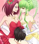  2girls breasts c.c. cleavage code_geass dress flower green_hair hand_on_another's_head kallen_stadtfeld large_breasts lelouch_lamperouge long_hair minzou multiple_girls red_hair strapless strapless_dress tiara 