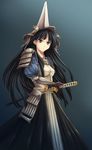  armor armored_dress black_hair blue_background green_eyes long_hair rance_(series) sengoku_rance su_ma_ki sword uesugi_kenshin_(rance) weapon 