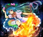  aqua_hair blue_hair boots bow bowtie dress dutch_angle fire food fruit gradient_hair hand_on_headwear hat hinanawi_tenshi long_hair multicolored_hair peach red_eyes rikkunia smile solo sword sword_of_hisou touhou weapon 