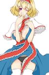  alice_margatroid blonde_hair blue_eyes breasts capelet hairband highres himenomikan large_breasts short_hair solo thighhighs touhou white_capelet 