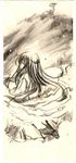  brush_(medium) highres long_hair looking_back monochrome nurarihyon_no_mago scarf solo soszoz traditional_media yuki_onna_(nurarihyon_no_mago) 