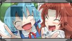  blue_eyes blush bow braid china_dress chinese_clothes cirno closed_eyes dress handheld_game_console hat hong_meiling long_hair lowres morino_hon multiple_girls open_mouth playstation_portable psp_wallpaper red_hair short_hair smile touhou twin_braids 