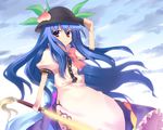 apron bad_id bad_pixiv_id blue_hair bow dress food fruit garigarigari glowing hand_on_headwear hat hat_tip highres hinanawi_tenshi long_hair peach red_eyes smile solo sunrise sword sword_of_hisou touhou weapon 
