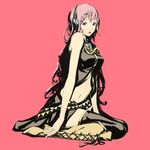  bare_arms bare_shoulders black_legwear blue_eyes boots full_body headphones knee_boots long_hair megurine_luka midriff navel no_armwear pink_hair sitting sleeveless solo sousou_(sousouworks) thighhighs very_long_hair vocaloid wariza 