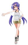  alternate_costume alternate_hairstyle bare_shoulders bespectacled blue_eyes casual collarbone glasses hand_on_hip hiiragi_kagami legs long_hair long_legs low_twintails lowres lucky_star pleated_skirt purple_hair sandals see-through simple_background skirt smile solo takeya_yuuki toes tsurime twintails 