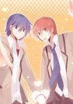  angel_beats! bad_id bad_pixiv_id blue_eyes blue_hair brown_eyes brown_hair chocho_(homelessfox) grin hinata_(angel_beats!) holding_hands male_focus multiple_boys otonashi_(angel_beats!) school_uniform smile 