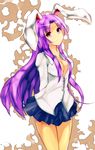  animal_ears arms_behind_back bad_id bad_pixiv_id breasts bunny_ears cleavage colorized hijiri-taro long_hair medium_breasts no_bra open_clothes open_shirt purple_hair red_eyes reisen_udongein_inaba shirt skirt smile solo touhou very_long_hair 