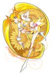  blonde_hair boots bow character_name choker cure_sunshine heartcatch_precure! kitano_tomotoshi knee_boots legs long_hair magical_girl midriff myoudouin_itsuki orange_choker precure skirt solo twintails very_long_hair yellow yellow_background yellow_bow yellow_eyes yellow_skirt 