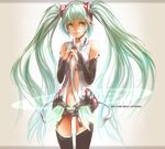  aqua_eyes aqua_hair bare_shoulders bridal_gauntlets cowboy_shot hands_clasped hatsune_miku hatsune_miku_(append) long_hair navel necktie own_hands_together sachito solo thighhighs twintails very_long_hair vocaloid vocaloid_append 